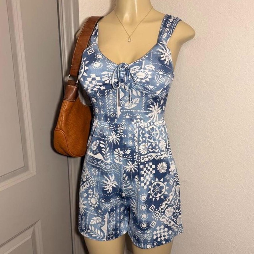 Derek Heart blue & white floral and geometric print romper!